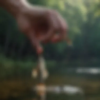 Close-up of a fish hook being skillfully baited with live bait