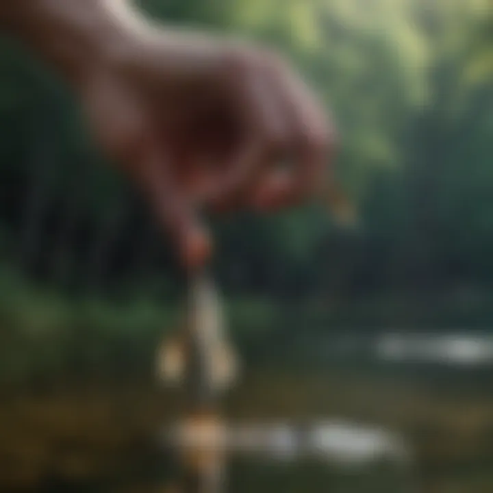 Close-up of a fish hook being skillfully baited with live bait