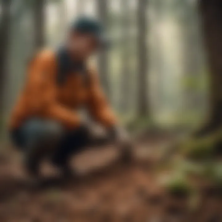 Forest conservation worker examining soil quality