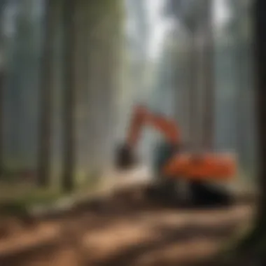 Overview of a forest landscape with machinery in action