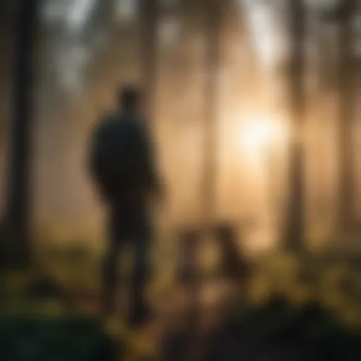 Silhouetted forest ranger with rescue dog at sunset