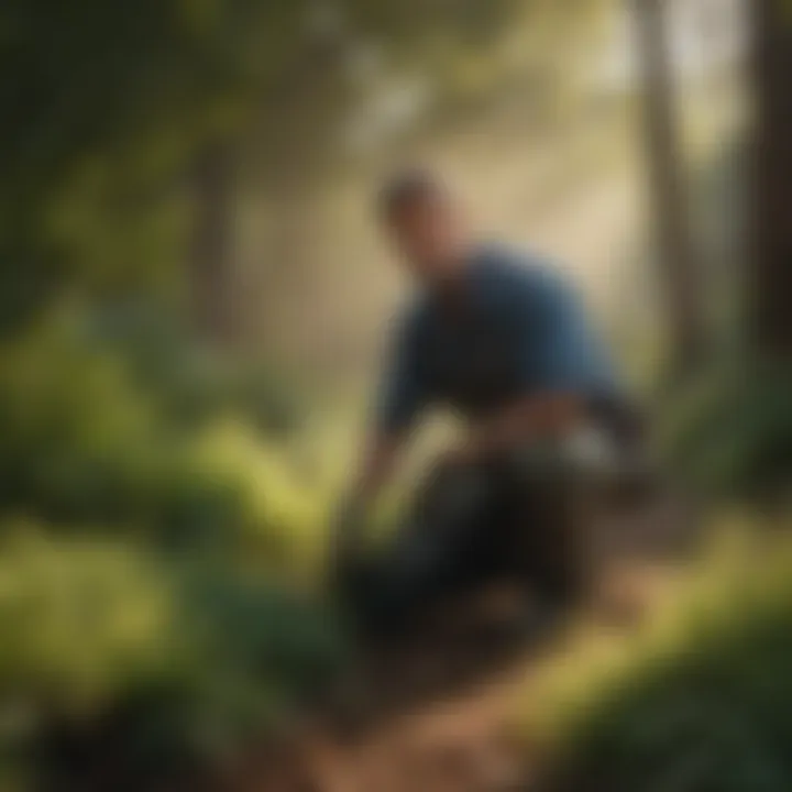 A gardener tending to native shrubs, demonstrating proper maintenance techniques