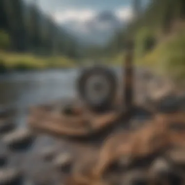 Fly fishing gear laid out on rocky riverbank against scenic mountain backdrop