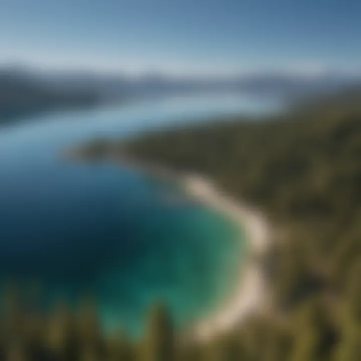 Aerial view of the crystal-clear waters of Lake Tahoe surrounded by mountains