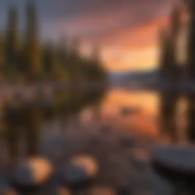 Sunset casting a warm glow over the tranquil expanse of Lake Tahoe