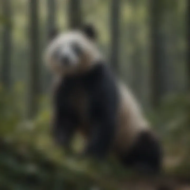 Giant pandas peacefully foraging in bamboo forest