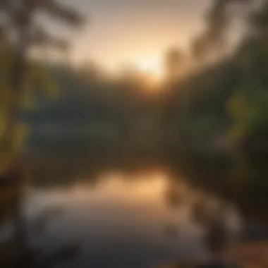 Tranquil Sunset Reflections Sunset casting a golden glow over the serene lake at Pine Mountain State Park