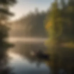 A serene lake at dawn with fishermen in boats