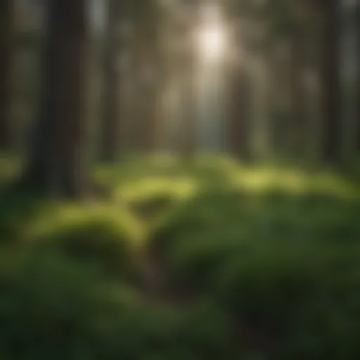 Lush green grass thriving in the shade of pine trees