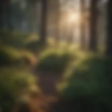 Sunlight filtering through pine branches onto grass