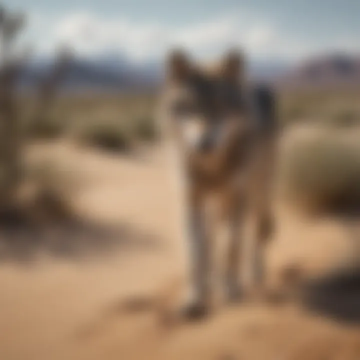 Grey wolf blending into arid desert landscape