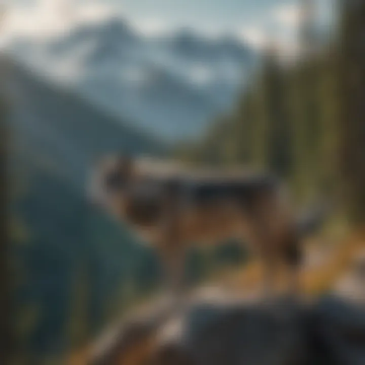 Grey wolf overlooking vast mountain range