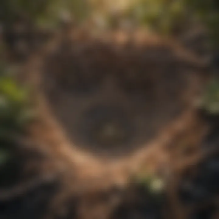 A ground bee nest in the soil, highlighting the complex structure of its burrow.