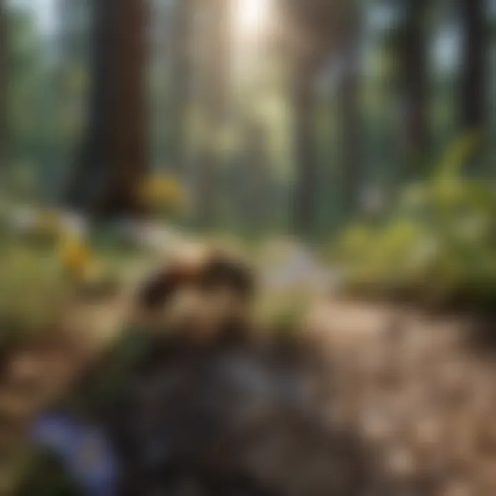 A ground bee interacting with various blooming plants in a forest setting.