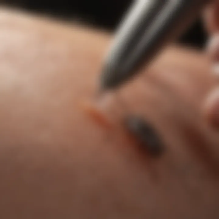 Close-up of tick tweezers removing a tick from skin