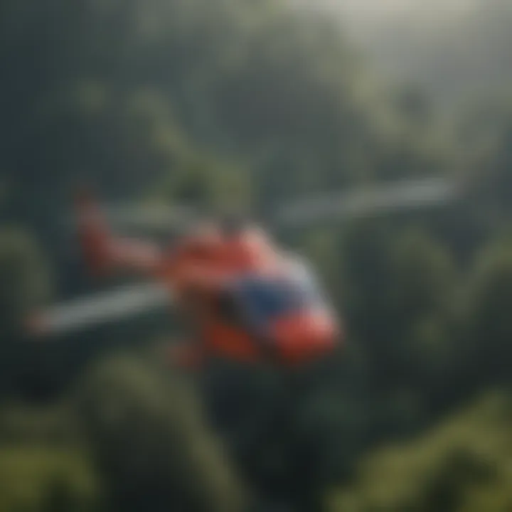 Forest search and rescue helicopter hovering over dense canopy