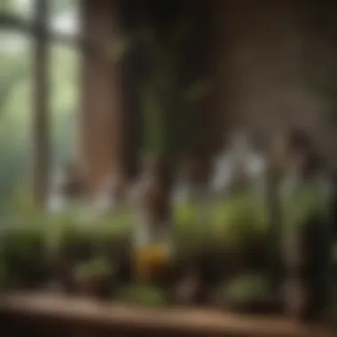 Herbal remedies in apothecary jars against rustic backdrop