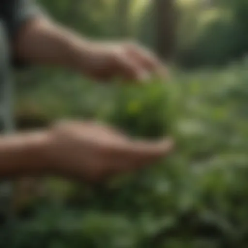 Herbalist hand-selecting fresh herbs in a lush garden