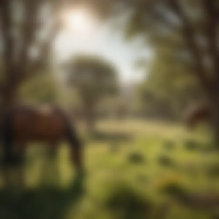 Group of horses grazing in lush meadow