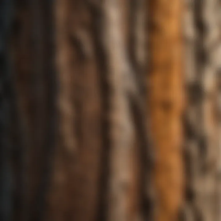 Close-up of textured tree bark highlighting various characteristics.