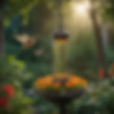 A beautifully arranged hummingbird feeder in a lush green yard