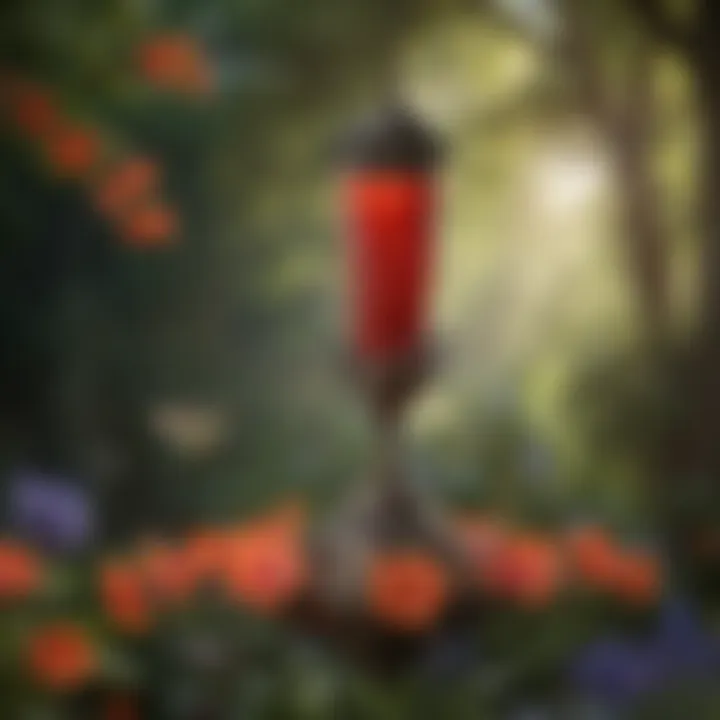 Hummingbird Feeder in Bloom A beautifully maintained hummingbird feeder surrounded by vibrant flowers