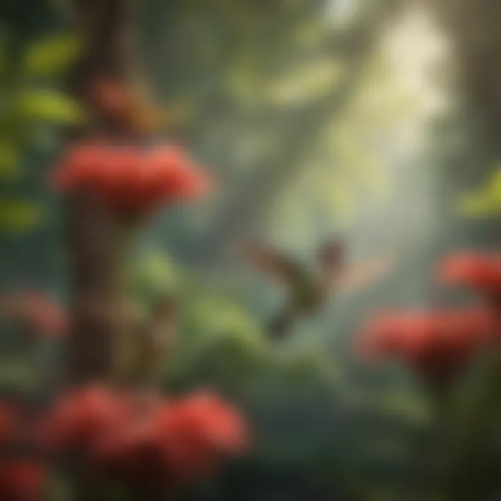 A serene backyard setting with hummingbirds enjoying nectar