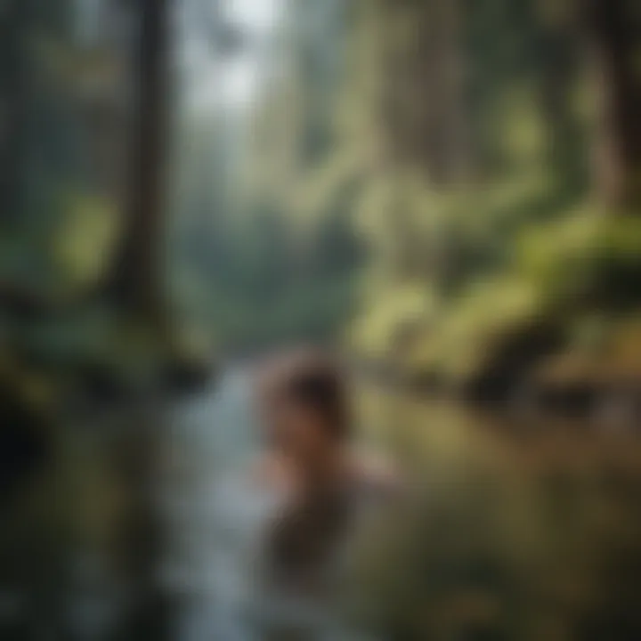 Person soaking in hot spring surrounded by lush forest