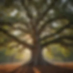 A majestic oak tree showcasing its broad canopy and textured bark.