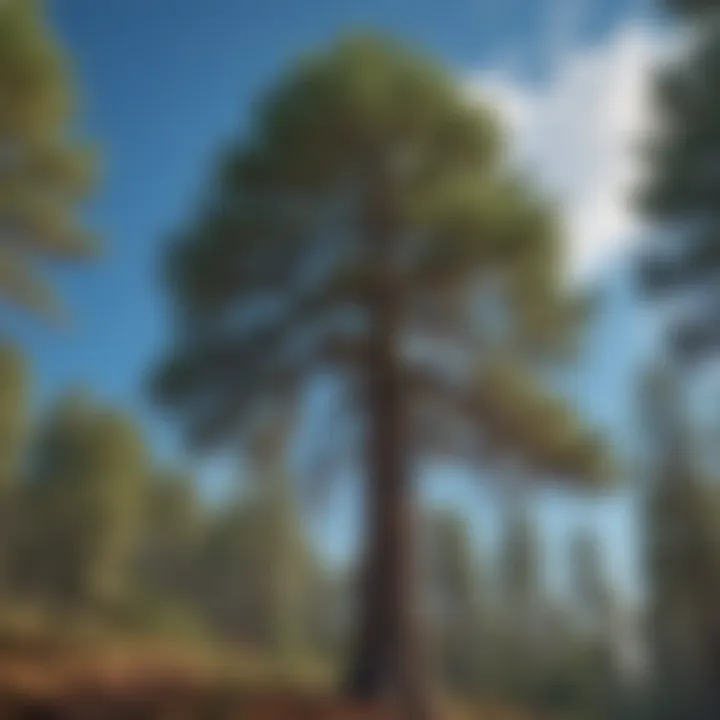 A towering pine tree standing tall against a clear blue sky.
