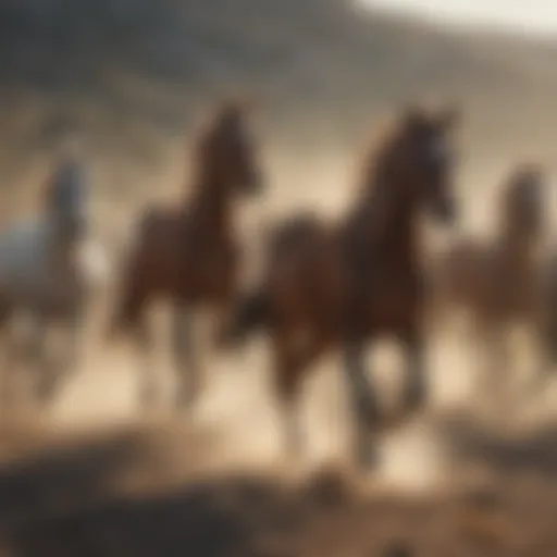 A herd of wild mustangs galloping across a vast plain