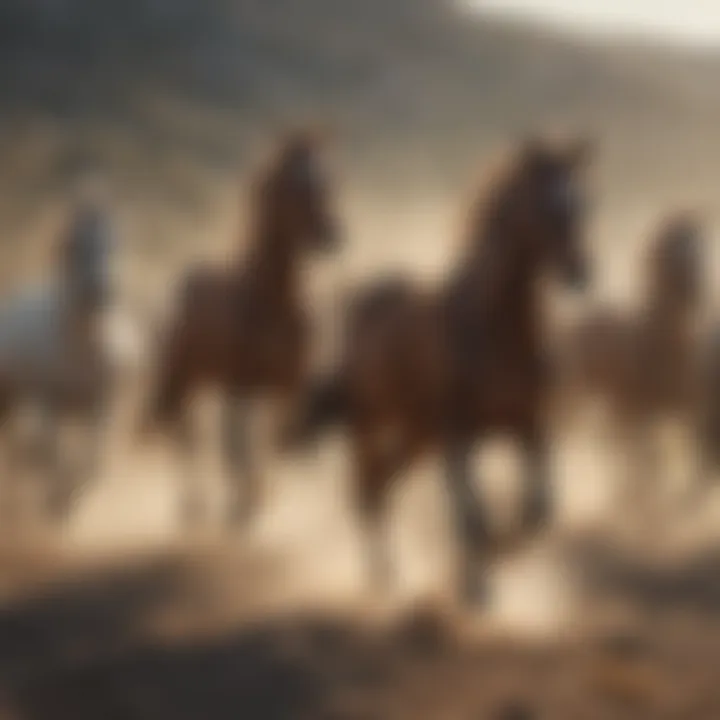 A herd of wild mustangs galloping across a vast plain