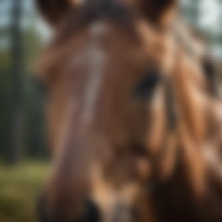 A close-up of a wild mustang's face showcasing its expressive eyes