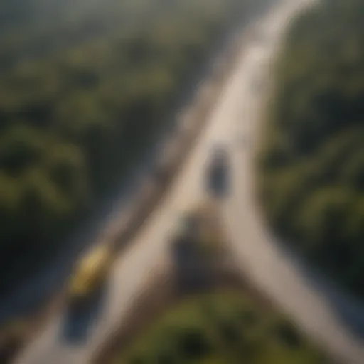 Aerial view of road construction machinery working on a new highway