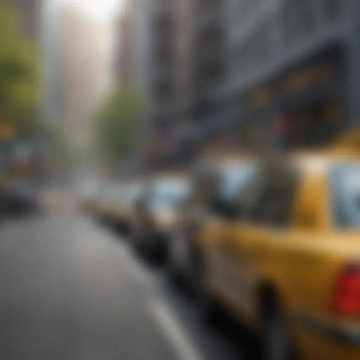 Modern taxi fleet lined up on a city street