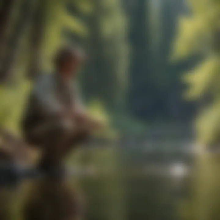 Fly fisherman in a moment of precision casting under the clear sky