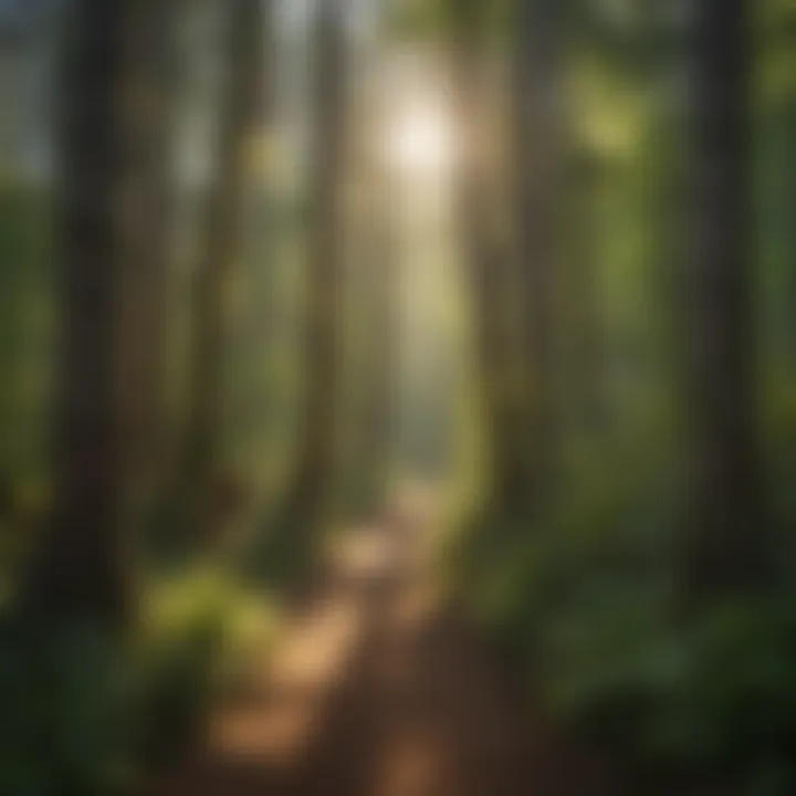 Sunlight filtering through lush forest canopy onto the trail