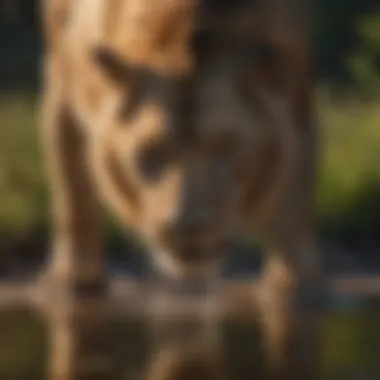 Lion drinking from a crystal-clear watering hole