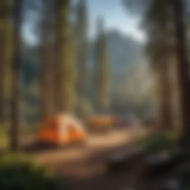 Scenic view of a campground surrounded by towering trees