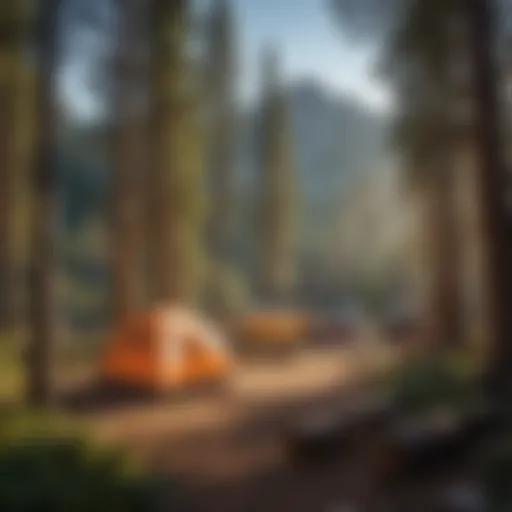 Scenic view of a campground surrounded by towering trees