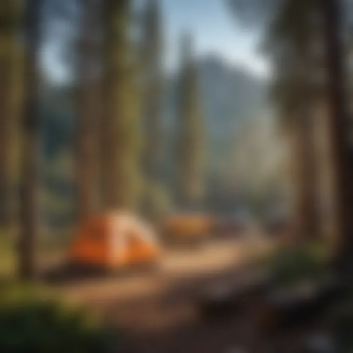 Scenic view of a campground surrounded by towering trees
