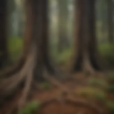 Redwood tree roots entwined in a complex ecosystem