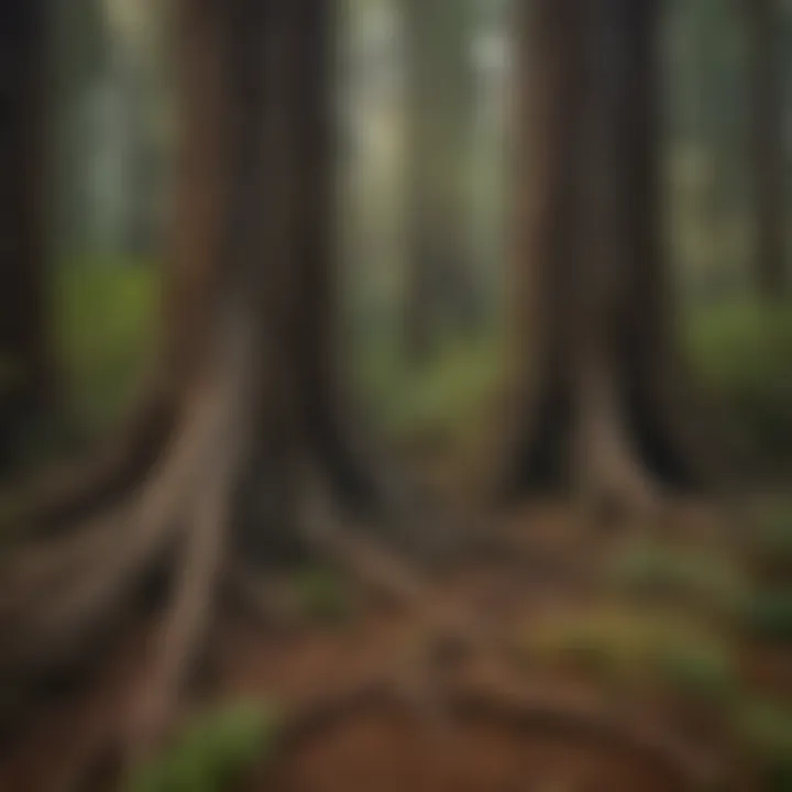 Redwood tree roots entwined in a complex ecosystem