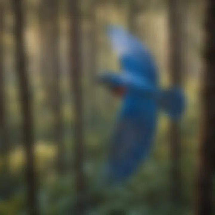 Majestic Blue Bird Soaring amidst Towering Trees