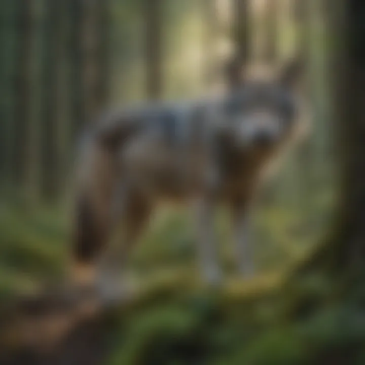 Majestic grey wolf in dense forest