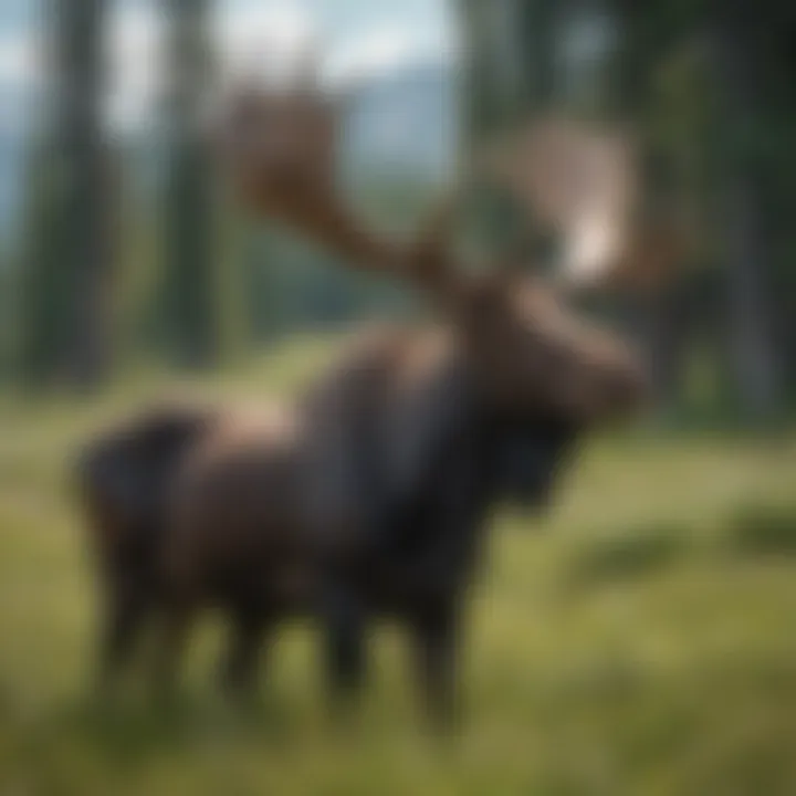A majestic moose grazing in the meadows near Headwaters Lodge, blending into the natural landscape
