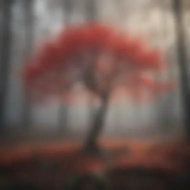 Majestic red witch hazel tree against a misty forest backdrop