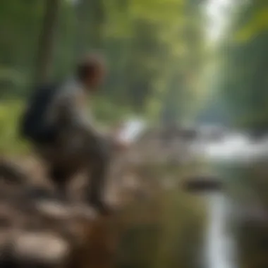 Park ranger conducting environmental survey near river