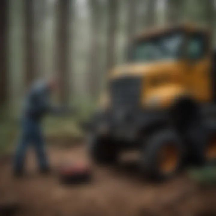 Heavy equipment mechanic using diagnostic tools