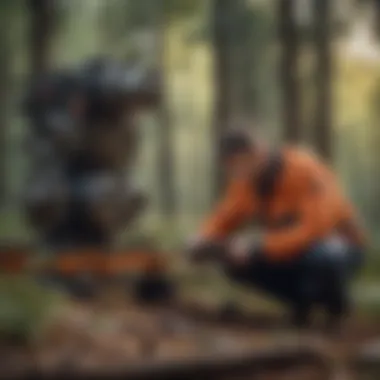 Worker inspecting mechanical components in a forest setting